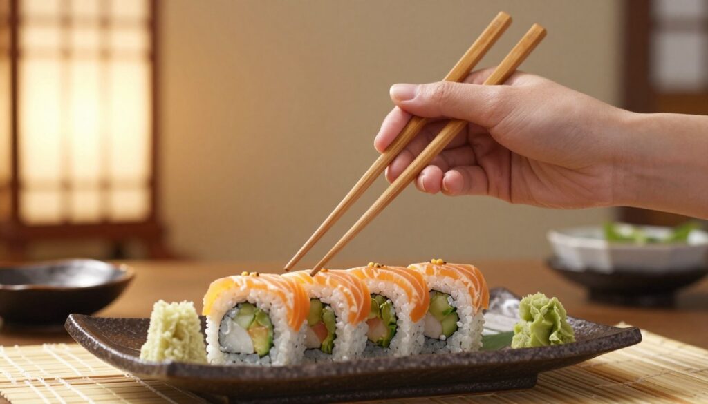 A pair of hands elegantly holding a pair of wooden sushi chopsticks, positioned above a beautifully arranged plate of sushi rolls, sashimi, and garnishes. The hands are depicted in a natural, relaxed grip that illustrates the correct technique for using chopsticks. The background features a softly blurred Japanese dining setting with traditional elements like bamboo placemats and subtle decorative lanterns. The lighting is warm and inviting, casting gentle highlights on the sushi to enhance its vibrant colors. The image captures a serene atmosphere suitable for a culinary guide, focusing on the precise positioning and control required to enjoy sushi comfortably, showcasing the beauty of this dining experience. A pair of hands elegantly holding a pair of wooden sushi chopsticks, positioned above a beautifully arranged plate of sushi rolls, sashimi, and garnishes. The hands are depicted in a natural, relaxed grip that illustrates the correct technique for using chopsticks. The background features a softly blurred Japanese dining setting with traditional elements like bamboo placemats and subtle decorative lanterns. The lighting is warm and inviting, casting gentle highlights on the sushi to enhance its vibrant colors. The image captures a serene atmosphere suitable for a culinary guide, focusing on the precise positioning and control required to enjoy sushi comfortably, showcasing the beauty of this dining experience.