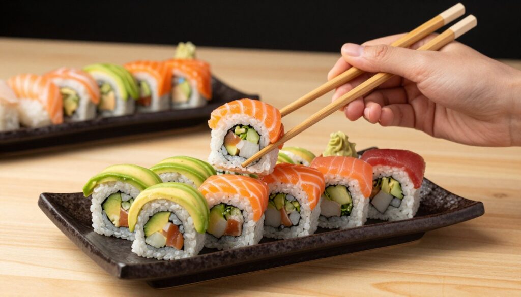 A pair of hands gracefully holding chopsticks, poised above a vibrant platter of assorted sushi rolls and sashimi. The sushi is arranged artistically, showcasing colorful ingredients like avocado, salmon, and tuna. The foreground focuses on the delicate grip of the chopsticks as they pick up a sushi piece, demonstrating the technique with precision. The middle ground features the beautiful sushi display, glistening under soft, natural lighting that highlights the textures and colors. In the background, a simple, elegant wooden table adds warmth to the scene. The mood is calm and sophisticated, capturing a moment of culinary artistry and skill. A pair of hands gracefully holding chopsticks, poised above a vibrant platter of assorted sushi rolls and sashimi. The sushi is arranged artistically, showcasing colorful ingredients like avocado, salmon, and tuna. The foreground focuses on the delicate grip of the chopsticks as they pick up a sushi piece, demonstrating the technique with precision. The middle ground features the beautiful sushi display, glistening under soft, natural lighting that highlights the textures and colors. In the background, a simple, elegant wooden table adds warmth to the scene. The mood is calm and sophisticated, capturing a moment of culinary artistry and skill.
