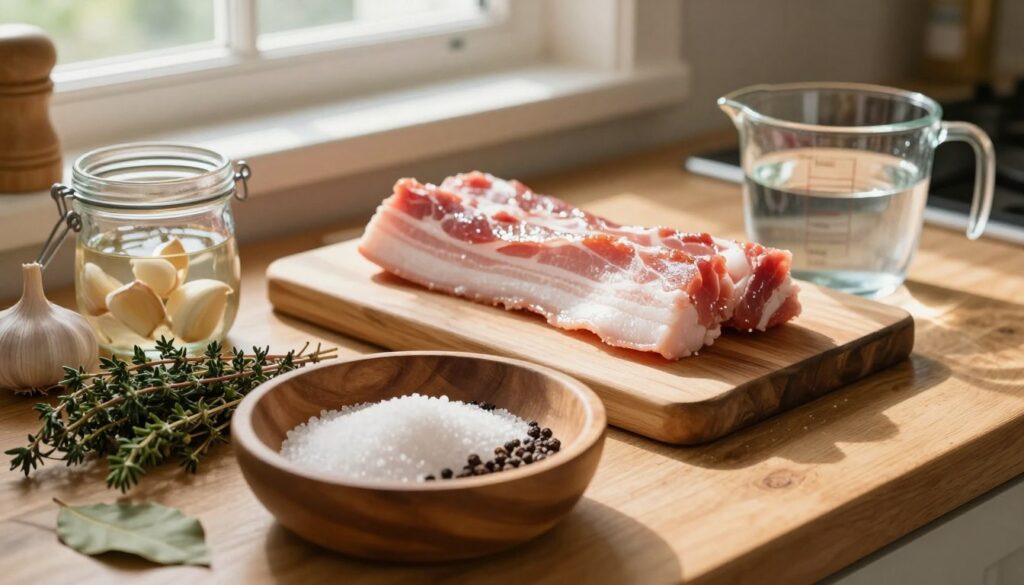 A rustic kitchen countertop filled with essential ingredients for homemade bacon brine. In the foreground, a wooden bowl holds an assortment of coarse sea salt, sugar, and peppercorns, surrounded by fresh herbs like thyme and bay leaves. A glass jar with garlic cloves sits nearby, alongside a measuring cup filled with water. In the middle, a cutting board features slices of raw pork belly, glistening with a slight sheen, ready for marination. The background displays warm, natural light streaming through a window, casting soft shadows and creating a cozy, inviting atmosphere. The scene conveys a sense of preparation and culinary craftsmanship, emphasizing the meticulous steps involved in creating the perfect brine for smoking bacon. A rustic kitchen countertop filled with essential ingredients for homemade bacon brine. In the foreground, a wooden bowl holds an assortment of coarse sea salt, sugar, and peppercorns, surrounded by fresh herbs like thyme and bay leaves. A glass jar with garlic cloves sits nearby, alongside a measuring cup filled with water. In the middle, a cutting board features slices of raw pork belly, glistening with a slight sheen, ready for marination. The background displays warm, natural light streaming through a window, casting soft shadows and creating a cozy, inviting atmosphere. The scene conveys a sense of preparation and culinary craftsmanship, emphasizing the meticulous steps involved in creating the perfect brine for smoking bacon.