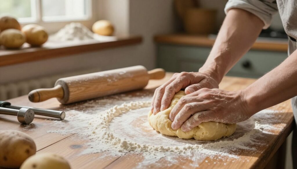 A rustic kitchen scene showcasing the technique of making potato dough. In the foreground, a wooden table is covered with sprinkles of flour and a mound of freshly prepared potato dough being kneaded by a pair of hands, emphasizing the texture and elasticity of the dough. In the middle, a set of traditional kitchen tools such as a rolling pin and a potato masher are arranged neatly. In the background, warm light streams in through a window, illuminating various ingredients like potatoes and flour laid out on shelves. The atmosphere is cozy and inviting, capturing the essence of homemade cooking, with soft shadows enhancing the details of the dough's surface and the kitchen's rustic charm. The image should evoke a sense of warmth and craftsmanship.
