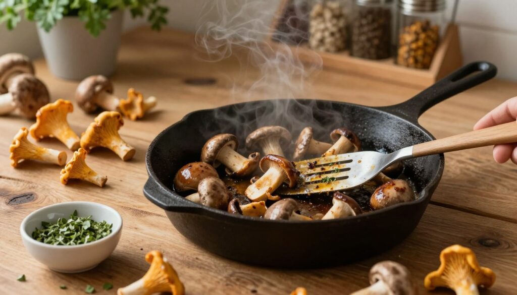 A rustic wooden kitchen table with an array of freshly picked mushrooms, including chanterelles and porcini, sizzling in a cast iron skillet. The skillet is emitting steam, indicating the mushrooms are browning perfectly. In the foreground, a spatula is seen gently stirring the mushrooms, while a small bowl of aromatic herbs sits nearby. Soft, warm lighting illuminates the scene, creating a cozy atmosphere. In the background, out-of-focus kitchen elements like a spice rack and potted herbs add depth. The image captures the essence of cooking mushrooms, showcasing their textures and colors while evoking a sense of culinary warmth and care.