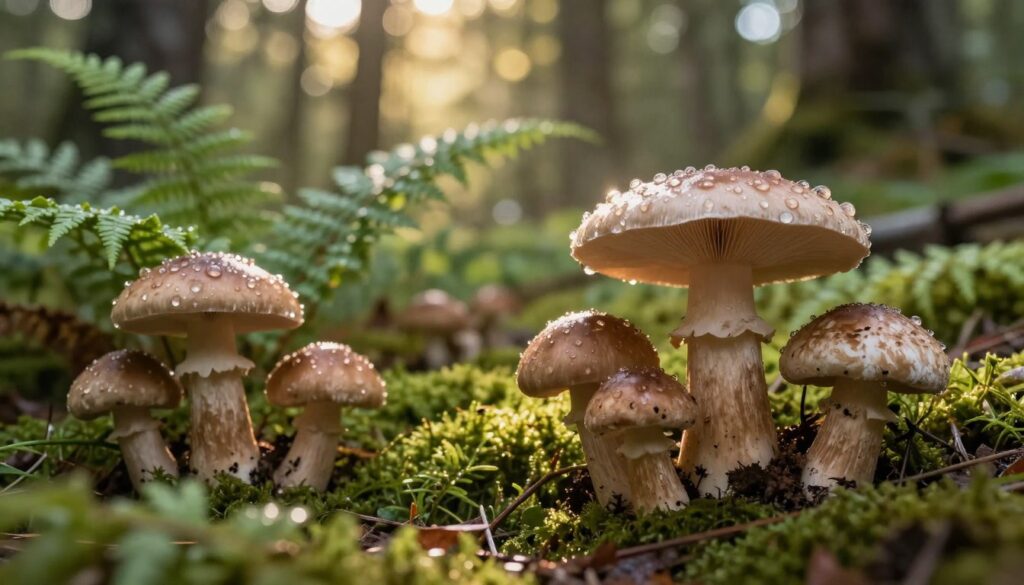 A serene forest setting showcasing aromatic wild mushrooms in various shapes and colors, positioned prominently in the foreground. Some mushrooms should be glistening with dew, while others have a light dusting of earth to emphasize their fresh, natural state. In the middle ground, lush green ferns and moss add depth, creating a rich and inviting atmosphere. The background features blurred trees bathed in soft, diffused sunlight, casting gentle shadows that enhance the peacefulness of the scene. Capture this image with warm, golden lighting to evoke a sense of calm and freshness, using a shallow depth of field to focus on the mushrooms while softly softening the background. The overall mood should convey a sense of tranquility and the essence of nature's aromatic bounty.