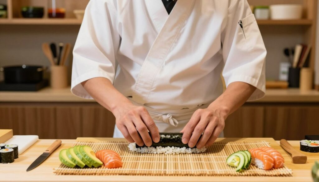 A skilled sushi chef, dressed in a neat, professional attire, demonstrates the technique of rolling maki sushi and ura-maki. In the foreground, the chef skillfully spreads sushi rice on a bamboo mat, with vibrant fresh ingredients such as avocado, cucumber, and salmon carefully arranged beside him. The middle layer showcases the rolling process: the sushi mat is partially rolled up, revealing the colorful fillings peeking out. The background features a clean and organized kitchen with sushi-making tools and a soft focus on wooden shelves lined with ingredients. The lighting is warm and inviting, highlighting the textures of the sushi rice and fresh vegetables, creating a welcoming and appetizing atmosphere. The composition captures the art and precision of sushi making, embodying a sense of creativity and craftsmanship.