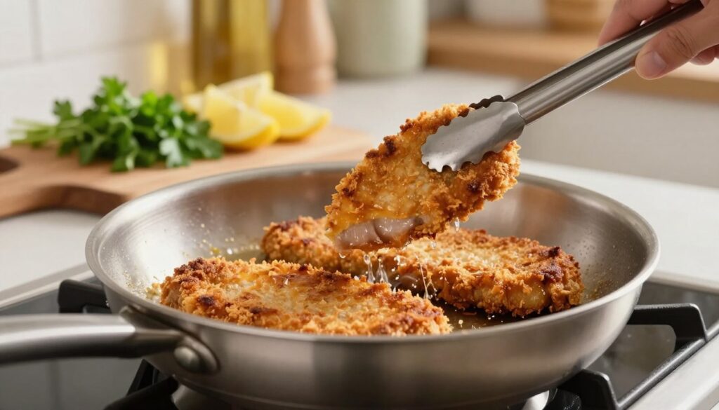 A stainless steel frying pan sits on a stovetop, filled with sizzling golden-brown pork cutlets, perfectly breaded and crispy. In the foreground, a pair of tongs lifts one cutlet, revealing its juicy interior. The middle ground features a colorful array of ingredients, including finely chopped parsley and lemon wedges, arranged artfully on a wooden cutting board. The background is softly blurred, showcasing a cozy kitchen setting with warm lighting, creating an inviting atmosphere. The scene captures the essence of cooking in batches, emphasizing the importance of maintaining even heat and a clean workspace. Use a macro lens to highlight the textures of the breading and the cutlets while keeping a balanced composition. A stainless steel frying pan sits on a stovetop, filled with sizzling golden-brown pork cutlets, perfectly breaded and crispy. In the foreground, a pair of tongs lifts one cutlet, revealing its juicy interior. The middle ground features a colorful array of ingredients, including finely chopped parsley and lemon wedges, arranged artfully on a wooden cutting board. The background is softly blurred, showcasing a cozy kitchen setting with warm lighting, creating an inviting atmosphere. The scene captures the essence of cooking in batches, emphasizing the importance of maintaining even heat and a clean workspace. Use a macro lens to highlight the textures of the breading and the cutlets while keeping a balanced composition.