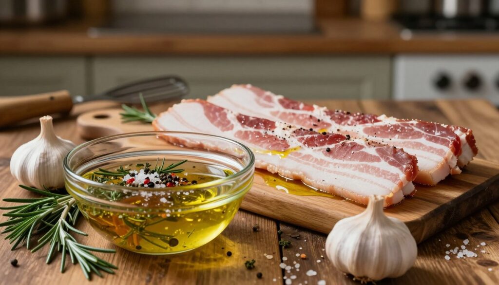 A step-by-step marination process of raw bacon displayed beautifully on a rustic wooden kitchen table. In the foreground, a glass bowl filled with a vibrant marinade made from garlic, herbs, and spices, with fresh ingredients like rosemary and thyme artfully arranged around it. In the middle, strips of raw bacon seasoned with coarse salt, pepper, and a drizzle of olive oil, emphasizing the texture and color contrast. In the background, blurred kitchen utensils and an earthy, warm-toned kitchen setting, softly lit to create a cozy atmosphere. The composition captures the essence of a culinary journey, inviting viewers to explore the aromatic depths of bacon marination. A step-by-step marination process of raw bacon displayed beautifully on a rustic wooden kitchen table. In the foreground, a glass bowl filled with a vibrant marinade made from garlic, herbs, and spices, with fresh ingredients like rosemary and thyme artfully arranged around it. In the middle, strips of raw bacon seasoned with coarse salt, pepper, and a drizzle of olive oil, emphasizing the texture and color contrast. In the background, blurred kitchen utensils and an earthy, warm-toned kitchen setting, softly lit to create a cozy atmosphere. The composition captures the essence of a culinary journey, inviting viewers to explore the aromatic depths of bacon marination.
