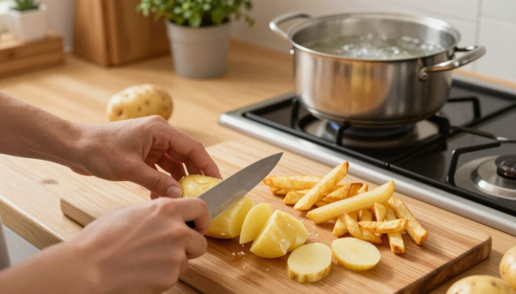 A step-by-step potato preparation scene, featuring fresh potatoes being peeled and cut into fry shapes on a wooden cutting board in a cozy kitchen. The foreground shows hands methodically peeling a potato, with a sharp knife next to it. In the middle, neatly cut potato strips are arranged, while a pot of bubbling water simmers in the background on a stove. Soft, warm lighting floods the scene, creating a homely atmosphere. The kitchen has wooden cabinets and herbs in pots, adding a touch of warmth. The angle is slightly overhead, capturing the process clearly, inviting viewers to learn how to achieve golden, crispy fries. No text or labels are present.