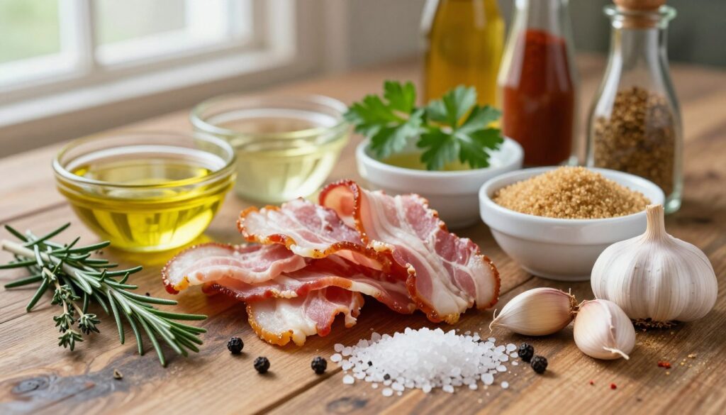 A vibrant and detailed arrangement of key ingredients for a savory bacon marinade, set on a rustic wooden table. In the foreground, prominently display coarse sea salt, freshly cracked black pepper, crushed garlic cloves, and dried herbs such as rosemary and thyme. In the middle, introduce small bowls filled with olive oil, apple cider vinegar, and brown sugar, with a sprig of fresh parsley for a pop of color. The background features a blurred selection of spices and condiments like mustard and smoked paprika, evoking warmth and culinary creativity. Soft, natural light filters through a nearby window, casting gentle shadows to create an inviting atmosphere. The image captures the essence of a delicious marinade preparation, encouraging a sense of flavor exploration. A vibrant and detailed arrangement of key ingredients for a savory bacon marinade, set on a rustic wooden table. In the foreground, prominently display coarse sea salt, freshly cracked black pepper, crushed garlic cloves, and dried herbs such as rosemary and thyme. In the middle, introduce small bowls filled with olive oil, apple cider vinegar, and brown sugar, with a sprig of fresh parsley for a pop of color. The background features a blurred selection of spices and condiments like mustard and smoked paprika, evoking warmth and culinary creativity. Soft, natural light filters through a nearby window, casting gentle shadows to create an inviting atmosphere. The image captures the essence of a delicious marinade preparation, encouraging a sense of flavor exploration.