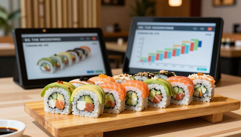 A vibrant and informative comparison of various types of sushi rolls arranged elegantly on a wooden platter. In the foreground, several sushi rolls, showcasing a variety of fillings like avocado, salmon, and cucumber, are displayed side by side, each with different toppings, revealing their unique visual appeal. In the middle ground, a sleek digital display board highlights the calorie content of each roll, with colorful graphs and charts complementing the artistic arrangement of the sushi. The background features a soft-focus sushi restaurant setting, complete with bamboo decor and warm ambient lighting, creating an inviting atmosphere. Natural light streams in, casting gentle shadows that enhance the textures of the sushi. The mood is educational yet appetizing, perfect for illustrating the subject of sushi calorie content.