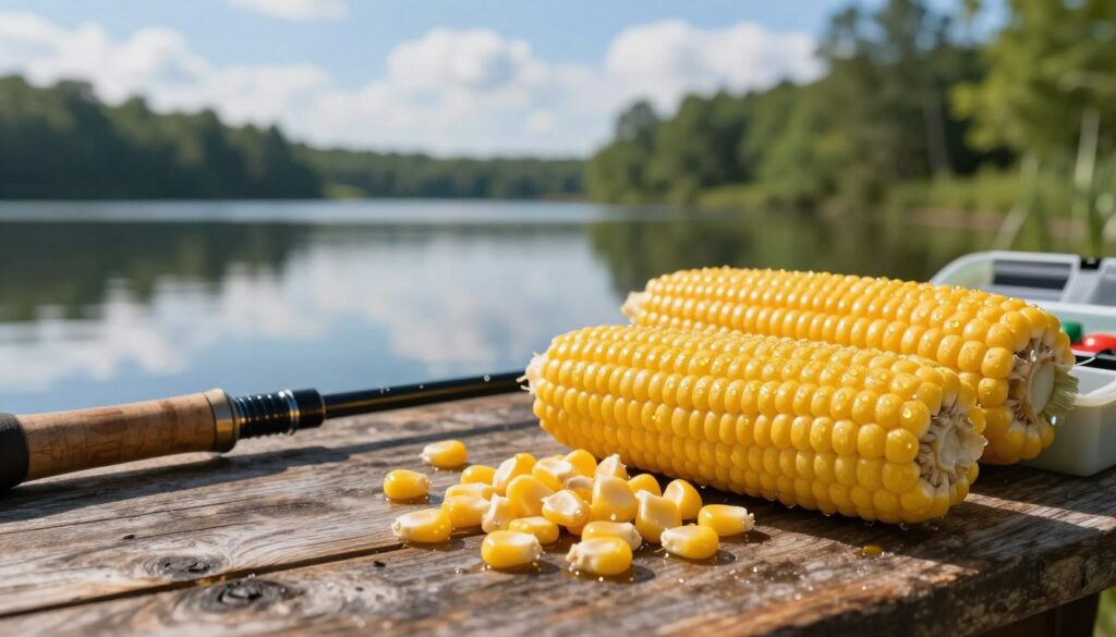 A vibrant close-up of bright yellow corn kernels glistening with morning dew, arranged artfully on a rustic wooden fishing table. In the foreground, a handful of kernels is nestled beside a fishing rod and tackle box, hinting at their use as bait. The middle ground features a calm lake in soft focus, reflecting the blue sky and fluffy white clouds, suggesting a serene fishing environment. In the background, lush green trees border the lake, adding depth and contrast. The lighting is warm and natural, capturing the essence of a sunny day. The overall atmosphere is peaceful and inviting, evoking the anticipation of a successful fishing trip enhanced by the allure of corn as bait. A vibrant close-up of bright yellow corn kernels glistening with morning dew, arranged artfully on a rustic wooden fishing table. In the foreground, a handful of kernels is nestled beside a fishing rod and tackle box, hinting at their use as bait. The middle ground features a calm lake in soft focus, reflecting the blue sky and fluffy white clouds, suggesting a serene fishing environment. In the background, lush green trees border the lake, adding depth and contrast. The lighting is warm and natural, capturing the essence of a sunny day. The overall atmosphere is peaceful and inviting, evoking the anticipation of a successful fishing trip enhanced by the allure of corn as bait.