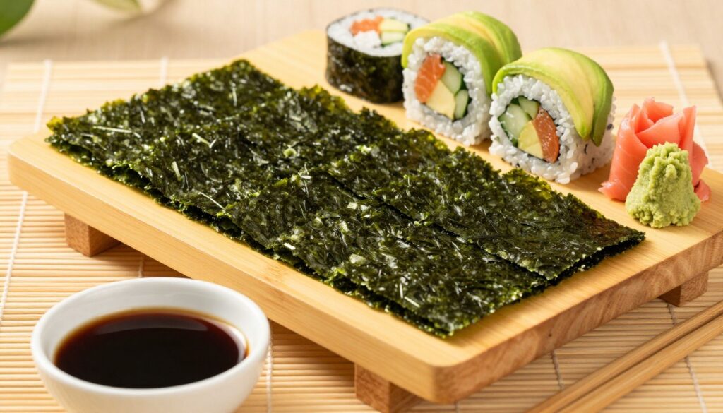 A vibrant flat lay of fresh nori seaweed sheets artfully arranged on a wooden sushi platter, emphasizing their deep green color and textured surface. In the foreground, include a small bowl of soy sauce with delicate chopsticks resting beside it, hinting at the culinary experience. In the middle, a variety of sushi rolls, featuring colorful ingredients like avocado, salmon, and cucumber, accentuated by garnishes of wasabi and ginger. The background consists of a soft-focus bamboo mat, creating a serene and authentic Japanese dining atmosphere. The lighting is warm and natural, highlighting the freshness of the nori and sushi, while casting gentle shadows to enhance the depth. The overall mood is inviting and elegant, celebrating the role of nori in Japanese cuisine. A vibrant flat lay of fresh nori seaweed sheets artfully arranged on a wooden sushi platter, emphasizing their deep green color and textured surface. In the foreground, include a small bowl of soy sauce with delicate chopsticks resting beside it, hinting at the culinary experience. In the middle, a variety of sushi rolls, featuring colorful ingredients like avocado, salmon, and cucumber, accentuated by garnishes of wasabi and ginger. The background consists of a soft-focus bamboo mat, creating a serene and authentic Japanese dining atmosphere. The lighting is warm and natural, highlighting the freshness of the nori and sushi, while casting gentle shadows to enhance the depth. The overall mood is inviting and elegant, celebrating the role of nori in Japanese cuisine.