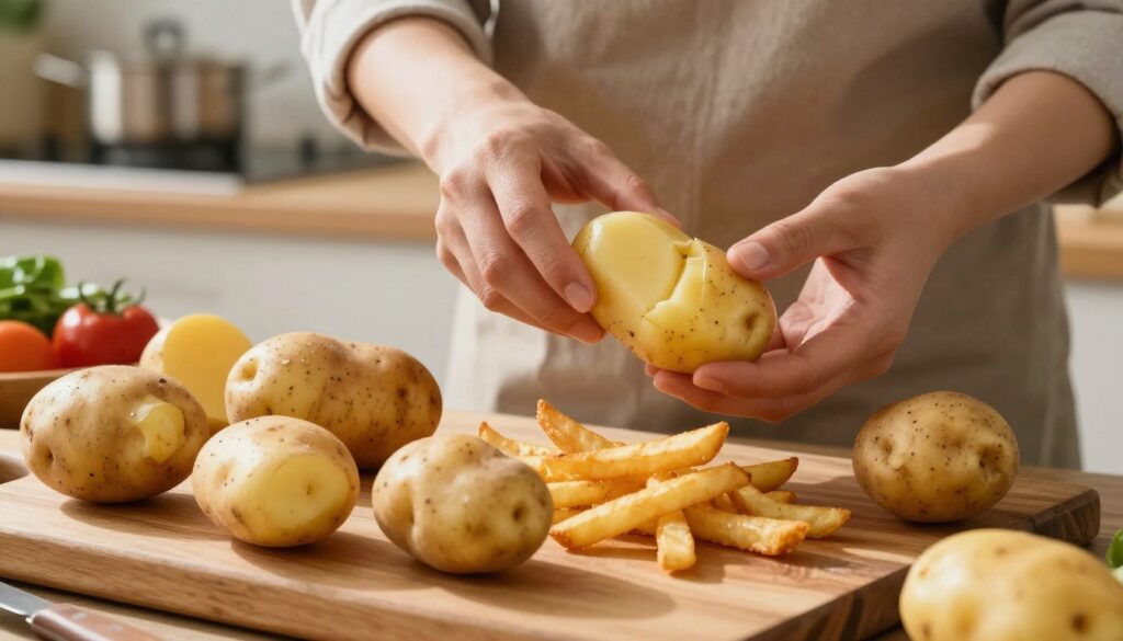 A vibrant kitchen scene focusing on the selection of potatoes ideal for frying. In the foreground, a wooden cutting board laden with freshly harvested, unpeeled potatoes of various shapes and sizes, showcasing their earthy textures. In the middle, a person in modest casual clothing carefully inspects a potato, examining its skin and firmness, with a small knife nearby ready for preparation. The background features a softly lit kitchen with hints of cooking utensils and a subtle blur of colorful vegetables, creating an inviting atmosphere. The warm lighting casts gentle shadows, enhancing the rustic feel, and inviting viewers to appreciate the process of choosing the perfect ingredients for crispy, golden fries.