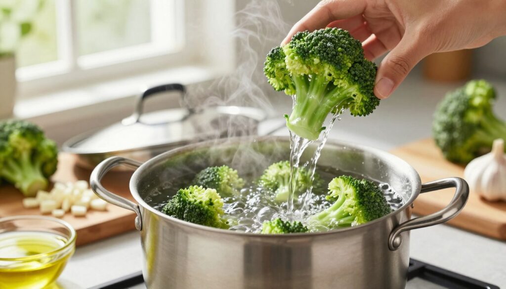 A vibrant kitchen scene showcasing the process of cooking broccoli in a pot of boiling water. In the foreground, a close-up of fresh green broccoli florets being gently lowered into the bubbling pot, steam rising and glistening in the warm light. The middle ground reveals a stainless steel pot with a lid slightly ajar, and surrounding ingredients like a cutting board with chopped garlic, and a drizzle of olive oil in a small bowl. In the background, a sunny window casts soft natural light, illuminating the entire scene and enhancing the freshness of the vegetables. The mood is lively and inviting, emphasizing healthy cooking practices. The angle should be slightly tilted to capture both the pot and the vibrant colors of the ingredients, focusing on clarity and detail. A vibrant kitchen scene showcasing the process of cooking broccoli in a pot of boiling water. In the foreground, a close-up of fresh green broccoli florets being gently lowered into the bubbling pot, steam rising and glistening in the warm light. The middle ground reveals a stainless steel pot with a lid slightly ajar, and surrounding ingredients like a cutting board with chopped garlic, and a drizzle of olive oil in a small bowl. In the background, a sunny window casts soft natural light, illuminating the entire scene and enhancing the freshness of the vegetables. The mood is lively and inviting, emphasizing healthy cooking practices. The angle should be slightly tilted to capture both the pot and the vibrant colors of the ingredients, focusing on clarity and detail.