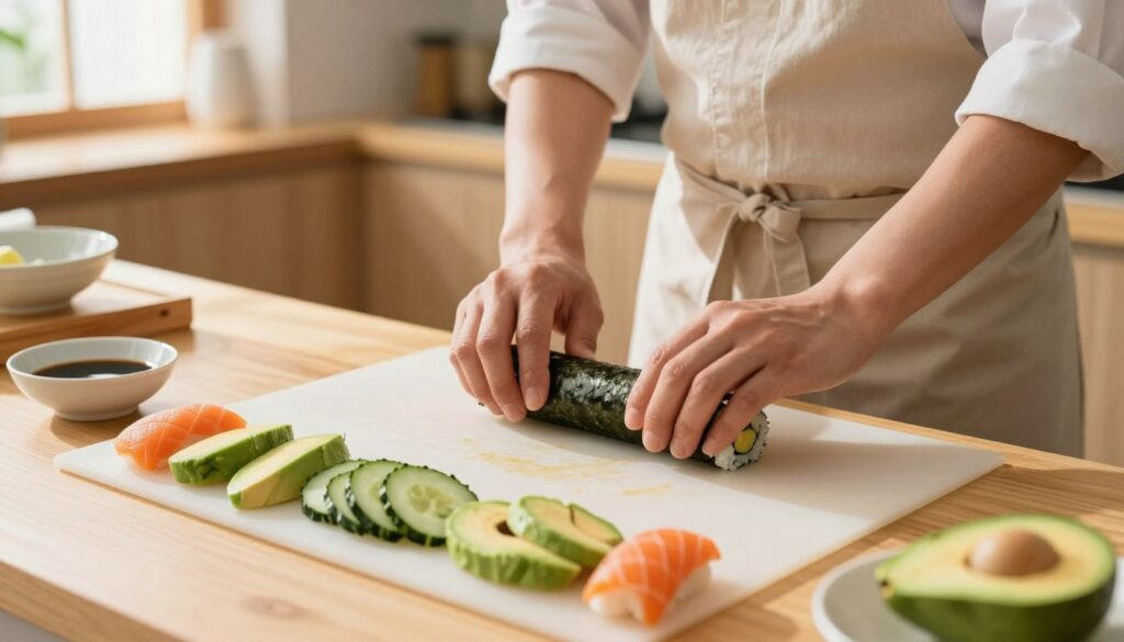 A vibrant sushi rolling setup in a bright and inviting kitchen. The foreground features a neatly arranged sushi mat with fresh ingredients like avocado, cucumber, and vibrant orange fish, partially rolled sushi in process. The middle ground shows a pair of hands skillfully rolling the sushi, showcasing proper technique, adorned with simple but tasteful kitchen attire, perhaps a light apron. The background has soft-focus kitchen elements, like a wooden countertop and a bowl of soy sauce, illuminated by warm, natural lighting filtering in through a window, casting gentle shadows. The atmosphere is welcoming and instructional, ideal for beginners learning sushi rolling. The overall composition should be engaging, practical, and visually appealing. A vibrant sushi rolling setup in a bright and inviting kitchen. The foreground features a neatly arranged sushi mat with fresh ingredients like avocado, cucumber, and vibrant orange fish, partially rolled sushi in process. The middle ground shows a pair of hands skillfully rolling the sushi, showcasing proper technique, adorned with simple but tasteful kitchen attire, perhaps a light apron. The background has soft-focus kitchen elements, like a wooden countertop and a bowl of soy sauce, illuminated by warm, natural lighting filtering in through a window, casting gentle shadows. The atmosphere is welcoming and instructional, ideal for beginners learning sushi rolling. The overall composition should be engaging, practical, and visually appealing.