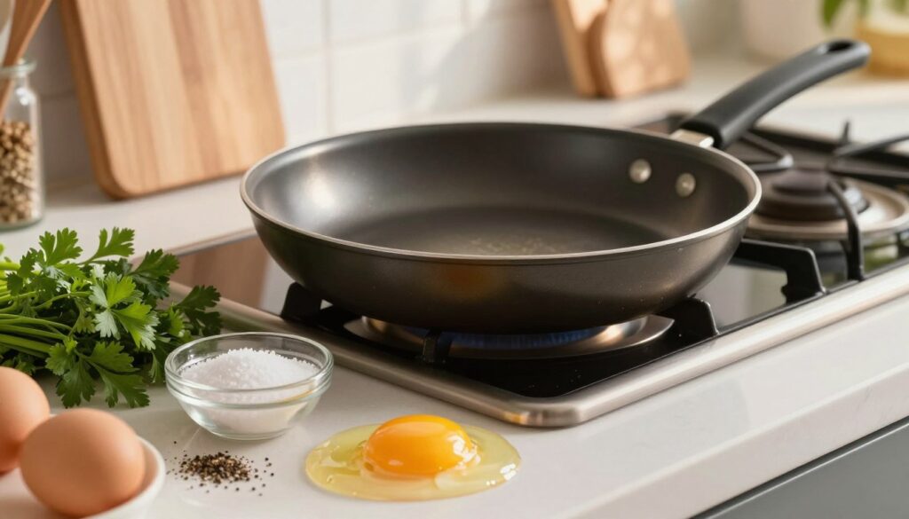 A well-lit kitchen countertop scene, featuring a non-stick frying pan on a stove, with fresh ingredients artfully arranged around it. In the foreground, display a cracked egg with a golden yolk and pristine egg white glistening. Include a small bowl of salt, a sprinkle of black pepper, and sprigs of fresh herbs like parsley or chives for garnish. In the middle ground, capture the frying pan, slightly heated with a subtle shimmer, ready for cooking. The background should have softly blurred kitchen elements, like a wooden cutting board and a set of utensils, creating a cozy and inviting cooking atmosphere. The lighting should be warm and natural, reminiscent of late afternoon sunlight, enhancing the freshness of the ingredients and the sense of preparation. A well-lit kitchen countertop scene, featuring a non-stick frying pan on a stove, with fresh ingredients artfully arranged around it. In the foreground, display a cracked egg with a golden yolk and pristine egg white glistening. Include a small bowl of salt, a sprinkle of black pepper, and sprigs of fresh herbs like parsley or chives for garnish. In the middle ground, capture the frying pan, slightly heated with a subtle shimmer, ready for cooking. The background should have softly blurred kitchen elements, like a wooden cutting board and a set of utensils, creating a cozy and inviting cooking atmosphere. The lighting should be warm and natural, reminiscent of late afternoon sunlight, enhancing the freshness of the ingredients and the sense of preparation.