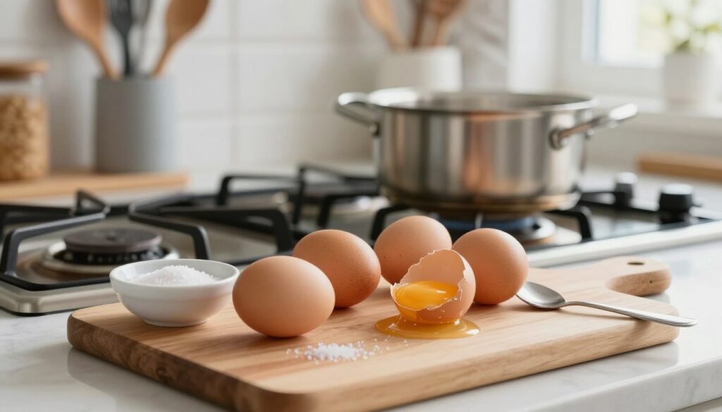 A well-lit kitchen setting showcasing the preparation of eggs before boiling. In the foreground, a wooden cutting board is placed with several fresh eggs, some cracked open to reveal their yolks. A small bowl with a pinch of salt sits beside the eggs, and a spoon rests casually against the board. In the middle ground, a pot with water on a stove is visible, gently simmering. The background features neatly arranged kitchen utensils and a window letting in soft morning light, creating a warm and inviting atmosphere. The focus is sharp on the eggs, with a shallow depth of field blurring the background slightly. The overall mood is calm and organized, emphasizing the importance of careful preparation for cooking. A well-lit kitchen setting showcasing the preparation of eggs before boiling. In the foreground, a wooden cutting board is placed with several fresh eggs, some cracked open to reveal their yolks. A small bowl with a pinch of salt sits beside the eggs, and a spoon rests casually against the board. In the middle ground, a pot with water on a stove is visible, gently simmering. The background features neatly arranged kitchen utensils and a window letting in soft morning light, creating a warm and inviting atmosphere. The focus is sharp on the eggs, with a shallow depth of field blurring the background slightly. The overall mood is calm and organized, emphasizing the importance of careful preparation for cooking.