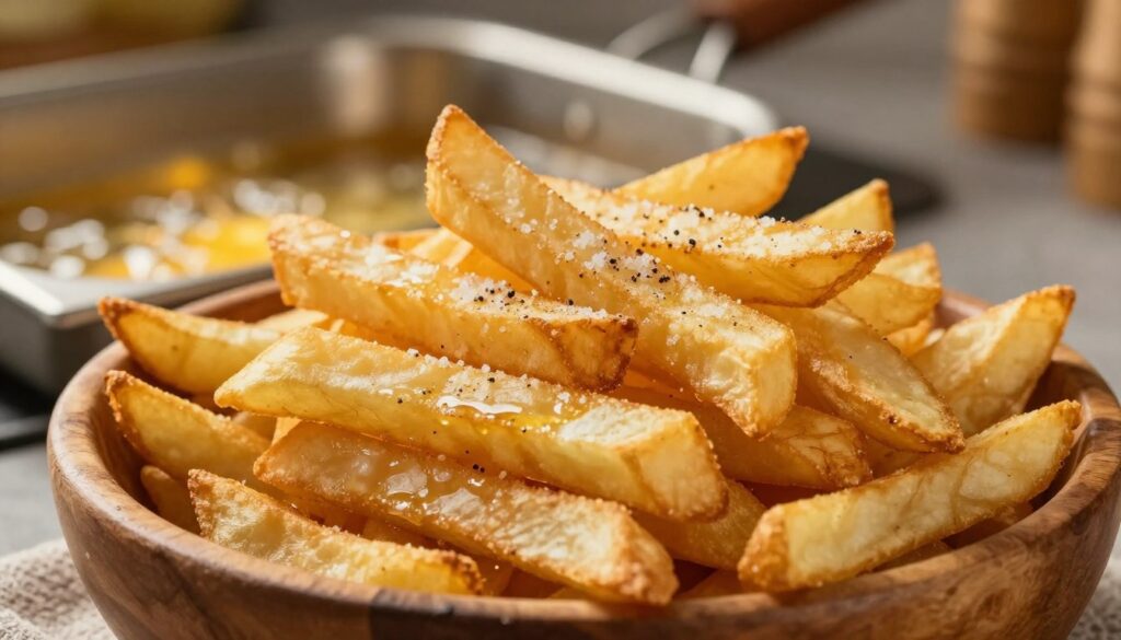 Golden, crispy french fries (frytki) piled high in a rustic wooden bowl, glistening with a light sheen of oil to showcase their perfect texture. The fries, cut in thick, uniform shapes, are lightly seasoned with salt and pepper. In the background, a deep-fryer with bubbling oil emits a warm, inviting glow, hinting at the frying process. Soft, ambient kitchen lighting casts a cozy atmosphere, enhancing the golden hues of the fries. The camera angle is slightly elevated, capturing the fries in the foreground while revealing a blurred kitchen environment, adding depth to the image. The overall mood is warm and appetizing, evoking the ideal experience of cooking and enjoying freshly made frytki.