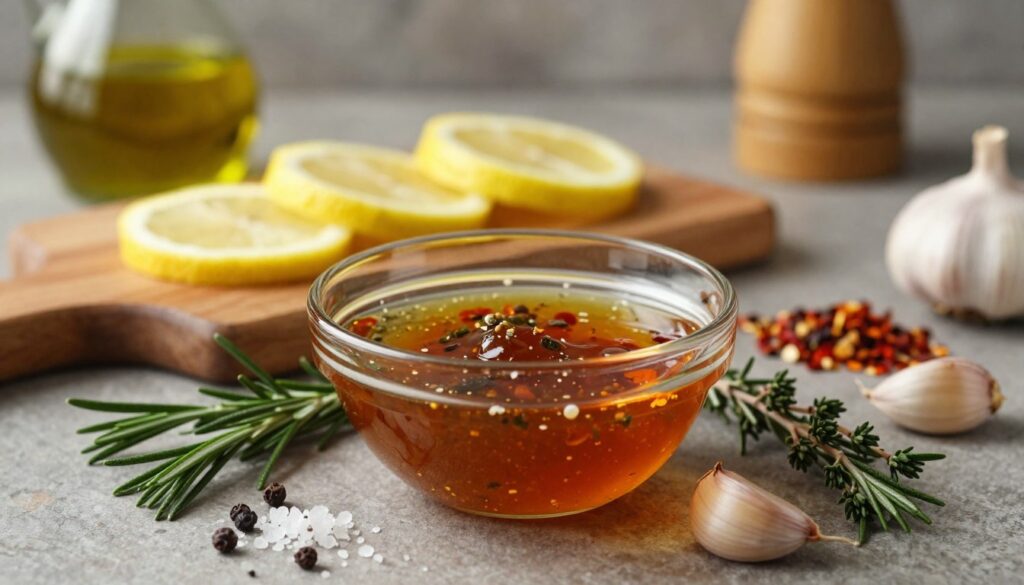 A beautiful arrangement of a flavorful marinade made with olive oil and an array of spices. In the foreground, a glass bowl filled with the vibrant marinade, glistening under soft, warm lighting. Surrounding the bowl, fresh herbs like rosemary and thyme, alongside whole spices such as peppercorns and garlic cloves, create a rich texture. In the middle, a wooden cutting board holds ingredients like lemon slices, sea salt, and chili flakes, emphasizing the marinade's flavor profile. The background features a rustic kitchen setting, softly blurred to bring focus to the marinade. The mood is warm and inviting, evoking a sense of culinary creativity and homely comfort, perfect for enhancing roasted meats.