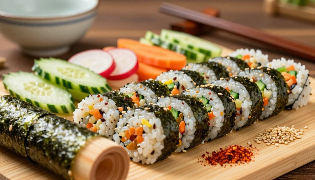 A beautifully arranged close-up of kimbap sushi ingredients showcasing glistening grains of seasoned rice, vibrant green nori sheets, and an array of colorful spices spread out artfully. In the foreground, include a wooden sushi rolling mat partially rolled out, with a sprinkle of sesame seeds and a dash of gochugaru on display. The middle ground features slices of fresh vegetables like cucumber, carrots, and radish, layered neatly next to the rice. The background softly blurs to highlight a traditional Korean ceramic bowl and chopsticks, offering an authentic atmosphere. The lighting should be warm and inviting, creating an appetizing glow that enhances the colors and textures. The image should evoke a sense of culinary artistry and cultural appreciation for kimbap preparation.