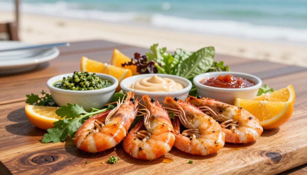 A beautifully arranged dish of shrimp presented on a rustic wooden table, showcasing an array of vibrant garnishes and sauces. In the foreground, succulent grilled shrimp glisten with a light marinade, surrounded by fresh herbs and sliced citrus fruits. The middle layer features small bowls of various dipping sauces, including a green chimichurri, spicy aioli, and a tangy cocktail sauce, each artistically placed. In the background, softly blurred, there are hints of a sunny seaside setting, with white sand and ocean waves, creating an inviting atmosphere. Soft natural lighting enhances the freshness of the ingredients, casting gentle shadows and highlights that evoke a warm, inviting mood. The scene captures the essence of a gourmet seafood experience, emphasizing flavors and presentation without any text or human subjects. A beautifully arranged dish of shrimp presented on a rustic wooden table, showcasing an array of vibrant garnishes and sauces. In the foreground, succulent grilled shrimp glisten with a light marinade, surrounded by fresh herbs and sliced citrus fruits. The middle layer features small bowls of various dipping sauces, including a green chimichurri, spicy aioli, and a tangy cocktail sauce, each artistically placed. In the background, softly blurred, there are hints of a sunny seaside setting, with white sand and ocean waves, creating an inviting atmosphere. Soft natural lighting enhances the freshness of the ingredients, casting gentle shadows and highlights that evoke a warm, inviting mood. The scene captures the essence of a gourmet seafood experience, emphasizing flavors and presentation without any text or human subjects.