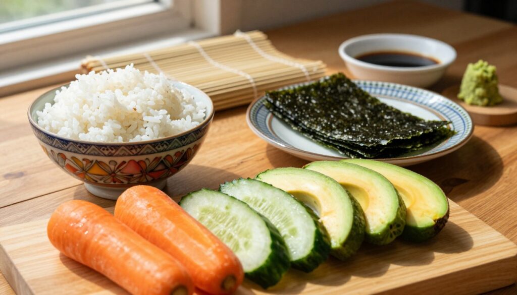 A beautifully arranged display of sushi ingredients on a wooden table, focusing on the essential components for homemade sushi rolls. In the foreground, fresh vegetables like bright orange carrots, crisp cucumbers, ripe avocados, and vibrant green radishes neatly sliced and colorful. The middle ground showcases a pile of shiny sushi rice in a decorative bowl, next to a decorative plate of nori sheets. In the background, a bamboo sushi mat and a small dish with soy sauce and wasabi can be seen. Soft, natural light streams in from a nearby window, casting gentle shadows and highlighting the freshness of the ingredients. The overall atmosphere is inviting and vibrant, evoking a sense of culinary creativity and warmth. A beautifully arranged display of sushi ingredients on a wooden table, focusing on the essential components for homemade sushi rolls. In the foreground, fresh vegetables like bright orange carrots, crisp cucumbers, ripe avocados, and vibrant green radishes neatly sliced and colorful. The middle ground showcases a pile of shiny sushi rice in a decorative bowl, next to a decorative plate of nori sheets. In the background, a bamboo sushi mat and a small dish with soy sauce and wasabi can be seen. Soft, natural light streams in from a nearby window, casting gentle shadows and highlighting the freshness of the ingredients. The overall atmosphere is inviting and vibrant, evoking a sense of culinary creativity and warmth.