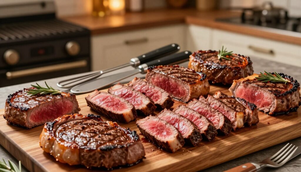 A beautifully arranged display showcasing different steak doneness levels, including rare, medium rare, medium, medium well, and well done. In the foreground, an assortment of perfectly cooked steaks, sliced to reveal their juicy interiors and vibrant colors. The middle ground features an assortment of grilling tools and spices, with an elegant wooden cutting board serving as a base. In the background, a softly lit kitchen ambiance with a grill and herbs subtly blurred for depth. The lighting is warm, evoking a cozy, appetizing atmosphere. Shot from an overhead angle to encompass all elements, highlighting the contrast in steak colors and textures. No text or watermarks present.