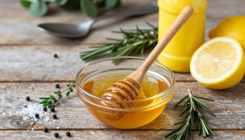 A beautifully arranged flat lay of ingredients for a honey-mustard marinade, showcasing a glass bowl filled with golden honey, a bright yellow Dijon mustard jar, and various spices such as black pepper and sea salt. Fresh herbs like thyme and rosemary are sprinkled around, along with a halved lemon for a splash of freshness. The foreground should highlight a wooden spoon stirring the mixture, while the middle ground features a rustic wooden table. In the background, softly blurred kitchen utensils and a hint of greenery provide a cozy atmosphere. The lighting is warm and inviting, creating an appetizing mood that draws the viewer into the culinary theme, emphasizing the vibrant colors and textures of the ingredients.