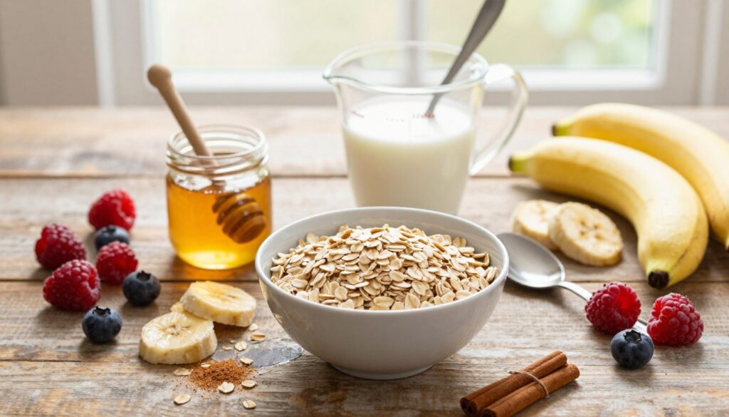 A beautifully arranged flat lay of ingredients for oatmeal preparation. In the foreground, a bowl of rolled oats sits on a rustic wooden table. Beside it, there's a small jar of honey and a sprinkle of cinnamon. Fresh fruits, including sliced bananas and berries, are artistically scattered around, adding vibrant colors. In the middle ground, a measuring cup with milk and a spoon are placed thoughtfully, emphasizing the proportions needed for the perfect oatmeal. The background features soft, natural light coming through a window, creating a warm, inviting atmosphere. The scene is captured from a slightly elevated angle, enhancing the visual appeal and inviting the viewer into the world of healthy cooking. A beautifully arranged flat lay of ingredients for oatmeal preparation. In the foreground, a bowl of rolled oats sits on a rustic wooden table. Beside it, there's a small jar of honey and a sprinkle of cinnamon. Fresh fruits, including sliced bananas and berries, are artistically scattered around, adding vibrant colors. In the middle ground, a measuring cup with milk and a spoon are placed thoughtfully, emphasizing the proportions needed for the perfect oatmeal. The background features soft, natural light coming through a window, creating a warm, inviting atmosphere. The scene is captured from a slightly elevated angle, enhancing the visual appeal and inviting the viewer into the world of healthy cooking.