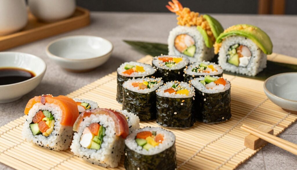 A beautifully arranged flat lay of three different types of sushi rolls: hosomaki, futomaki, and uramaki. In the foreground, showcase vibrant hosomaki adorned with fresh, colorful vegetables and fish, neatly sliced to reveal their filling. The middle layer features a large, round futomaki with a variety of fillings peeking out, elegantly garnished with sesame seeds. In the background, place a couple of uramaki rolls, with their rice on the outside, showcasing avocado and tempura shrimp filling. Use soft, natural lighting to highlight the textures and colors of the sushi, creating a warm and inviting atmosphere. The setting should have a bamboo mat and delicate ceramic serving dishes, evoking an authentic sushi-making experience in a cozy kitchen environment.