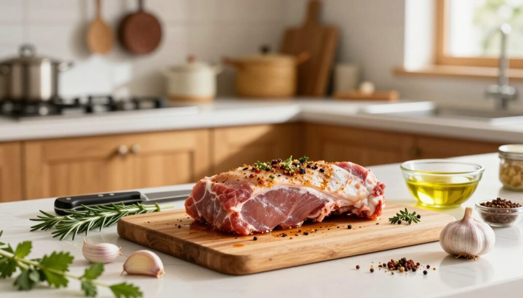 A beautifully arranged kitchen countertop featuring a seasoned pork loin ready for marination. In the foreground, the pork is placed on a wooden cutting board, surrounded by fresh herbs, garlic cloves, and the spices intended for the marinade, creating a vibrant and appetizing scene. In the middle ground, a knife and a small bowl of olive oil can be seen, hinting at the preparation process. The background shows a well-lit kitchen with warm wooden cabinets and pots hanging from above, adding to the cozy atmosphere. Soft, natural lighting floods the space, casting gentle shadows and emphasizing the textures of the meat and ingredients. The overall mood is inviting and homey, showcasing the art of marinating meats for flavorful dishes. A beautifully arranged kitchen countertop featuring a seasoned pork loin ready for marination. In the foreground, the pork is placed on a wooden cutting board, surrounded by fresh herbs, garlic cloves, and the spices intended for the marinade, creating a vibrant and appetizing scene. In the middle ground, a knife and a small bowl of olive oil can be seen, hinting at the preparation process. The background shows a well-lit kitchen with warm wooden cabinets and pots hanging from above, adding to the cozy atmosphere. Soft, natural lighting floods the space, casting gentle shadows and emphasizing the textures of the meat and ingredients. The overall mood is inviting and homey, showcasing the art of marinating meats for flavorful dishes.