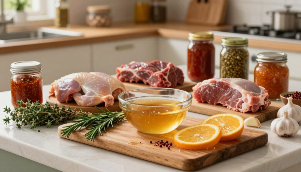 A beautifully arranged kitchen countertop featuring an array of marinating ingredients for meat preparation. In the foreground, a rustic wooden cutting board holds vibrant spices, fresh herbs like rosemary and thyme, garlic cloves, and citrus slices, all glistening with moisture. A glass bowl filled with a rich, golden marinade takes center stage. In the middle ground, a variety of uncooked meats like chicken, beef, and pork are surrounded by jars of homemade marinades, showcasing different textures and colors. The background reveals a softly lit kitchen with wooden shelves displaying more spices, creating a warm and inviting atmosphere. The scene is captured with soft, diffused lighting, emphasizing the freshness of the ingredients. The mood is cozy and inspiring, perfect for home cooks looking to enhance their culinary skills in marination techniques.