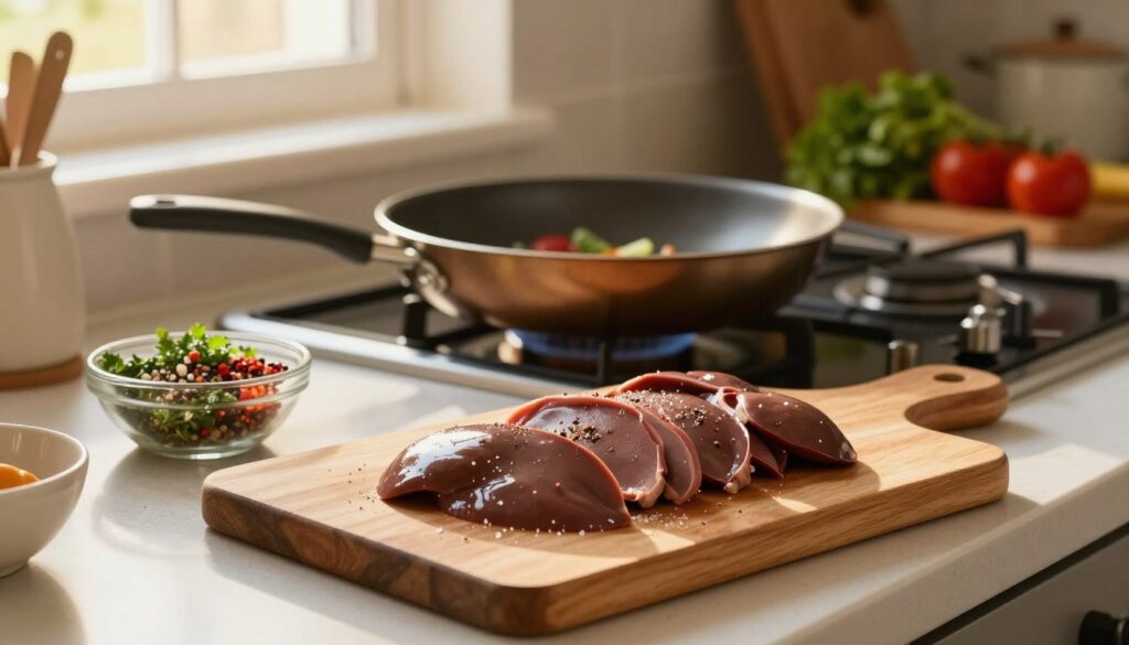 A beautifully arranged kitchen countertop featuring fresh chicken liver prepared for cooking. In the foreground, a wooden cutting board displays cleaned and sliced chicken liver with a light sprinkle of salt and pepper. Next to it, a small bowl of marinated herbs and spices adds color and vibrancy. In the middle ground, a well-polished frying pan sits on a stovetop, reflecting the kitchen's warm, inviting light. The background showcases soft-focus kitchen elements, such as pots and fresh vegetables, creating a cozy atmosphere. The lighting is soft and warm, simulating late afternoon sunlight pouring in through a window, enhancing the inviting home cooking vibe. The image captures the essence of preparation with an emphasis on freshness and deliciousness.
