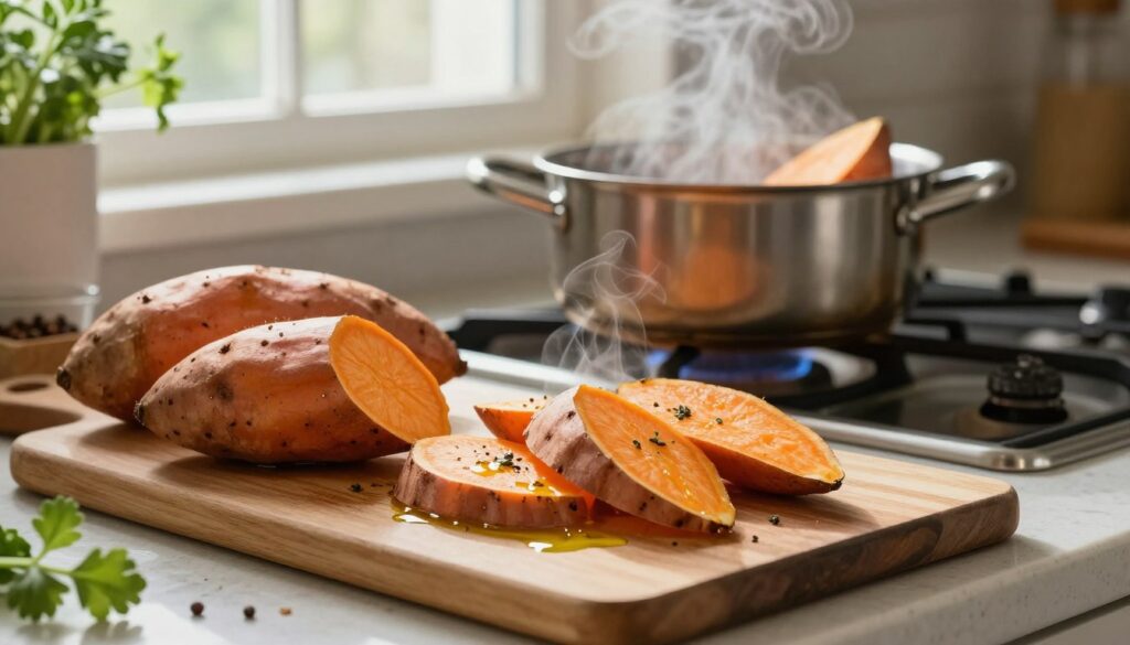 A beautifully arranged kitchen countertop featuring freshly cooked sweet potatoes (bataty), highlighting their vibrant orange color and textured skin. In the foreground, showcase a cutting board with sliced, steaming sweet potato wedges, glistening with a light drizzle of olive oil and a sprinkle of herbs. In the middle, a pot of boiled sweet potatoes on the stove, steam rising, symbolizing proper cooking techniques to preserve nutritional value and flavor. The background features a sunlit window with fresh herbs and spices, creating a warm and inviting atmosphere. The lighting is soft and natural, enhancing the earthy tones of the sweet potatoes. The overall mood is homey and health-conscious, inviting readers to explore the benefits of nutritious cooking. A beautifully arranged kitchen countertop featuring freshly cooked sweet potatoes (bataty), highlighting their vibrant orange color and textured skin. In the foreground, showcase a cutting board with sliced, steaming sweet potato wedges, glistening with a light drizzle of olive oil and a sprinkle of herbs. In the middle, a pot of boiled sweet potatoes on the stove, steam rising, symbolizing proper cooking techniques to preserve nutritional value and flavor. The background features a sunlit window with fresh herbs and spices, creating a warm and inviting atmosphere. The lighting is soft and natural, enhancing the earthy tones of the sweet potatoes. The overall mood is homey and health-conscious, inviting readers to explore the benefits of nutritious cooking.