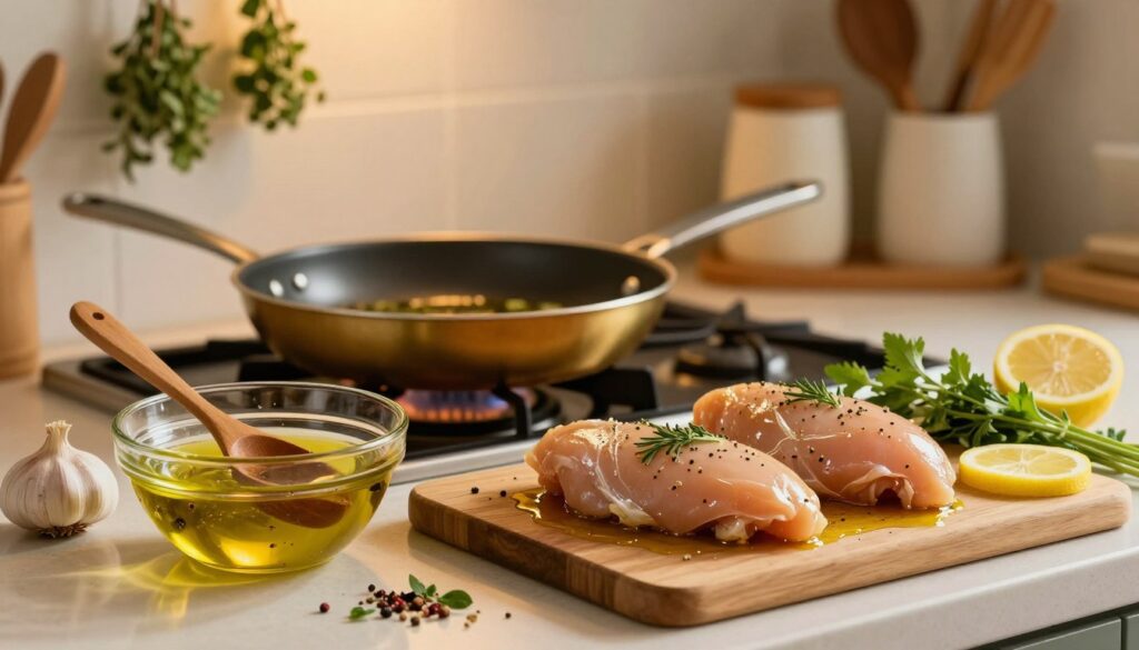 A beautifully arranged kitchen countertop featuring marinated chicken breasts ready for frying. In the foreground, a glass bowl holds a flavorful marinade of olive oil, garlic, herbs, and spices, with a wooden spoon resting beside it. The chicken breasts, glistening with the marinade, are placed on a cutting board, surrounded by fresh herbs and lemon slices to enhance the vibrant colors. In the middle ground, a frying pan is preheating on a stove, softly glowing gold under warm, ambient kitchen lighting. The background reveals a cozy kitchen scene with herbs hanging and utensils neatly organized, evoking a welcoming, homey atmosphere. The image should have a warm tone, capturing the essence of culinary preparation, without any text or watermarks.
