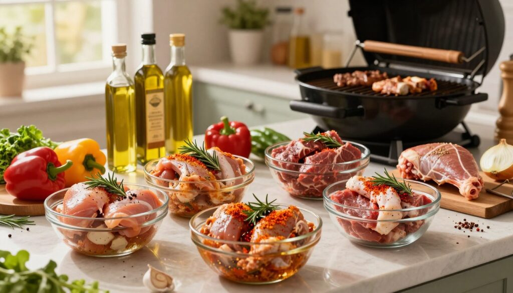 A beautifully arranged kitchen countertop featuring various marinated meats ready for grilling. In the foreground, showcase vibrant pieces of chicken, beef, and pork in glass bowls, each infused with colorful herbs and spices, such as rosemary, garlic, and paprika. The middle ground captures bottles of olive oil and vinegar, alongside fresh vegetables like bell peppers and onions, enhancing the idea of preparation. In the background, a well-lit grill awaits, adding to the anticipation of cooking. Soft golden light filters in from a nearby window, creating a warm and inviting atmosphere. The scene conveys a sense of care and attention, reflecting the importance of marinating meat for optimal flavor before grilling. A beautifully arranged kitchen countertop featuring various marinated meats ready for grilling. In the foreground, showcase vibrant pieces of chicken, beef, and pork in glass bowls, each infused with colorful herbs and spices, such as rosemary, garlic, and paprika. The middle ground captures bottles of olive oil and vinegar, alongside fresh vegetables like bell peppers and onions, enhancing the idea of preparation. In the background, a well-lit grill awaits, adding to the anticipation of cooking. Soft golden light filters in from a nearby window, creating a warm and inviting atmosphere. The scene conveys a sense of care and attention, reflecting the importance of marinating meat for optimal flavor before grilling.