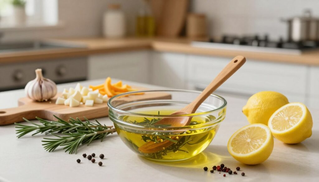 A beautifully arranged kitchen countertop serves as the foreground, featuring a variety of fresh ingredients for a turkey marinade. In the center, a large glass bowl contains a vibrant mixture of olive oil, herbs, garlic, and spices, with a wooden spoon resting inside. Surrounding the bowl are scattered ingredients, including sprigs of rosemary, whole peppercorns, and halved lemons. In the middle, a cutting board displays neatly diced garlic and citrus zests, adding a touch of preparation. The background showcases a cozy kitchen ambiance with soft, warm lighting illuminating the space, enhancing the inviting atmosphere. The scene should evoke a sense of culinary creativity and care in preparing a marinade, highlighting the importance of flavor infusion to prevent drying out turkey breast.