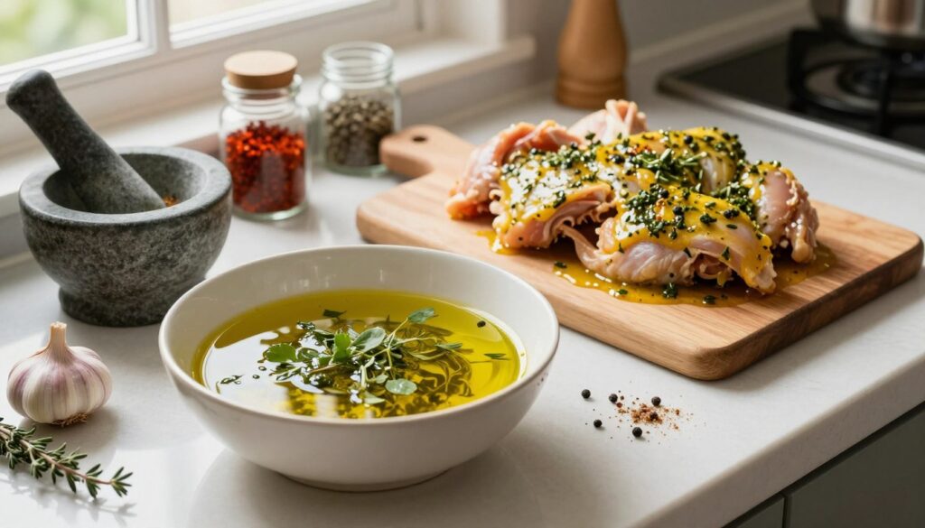 A beautifully arranged kitchen countertop set for preparing a chicken marinade. In the foreground, an appealing bowl filled with a vibrant mixture of olive oil, garlic, and fresh herbs, alongside a mortar and pestle for grinding spices. A cutting board features raw chicken pieces, marinated in a rich, aromatic sauce, blending hues of golden yellow and deep green. A variety of spices in small glass jars are artfully scattered around, including paprika, black pepper, and thyme. In the background, soft natural light filters through a window, illuminating the scene and creating a warm, inviting atmosphere. The image captures a cozy culinary moment, highlighting the essence of home cooking and the joy of preparing a flavorful dish.