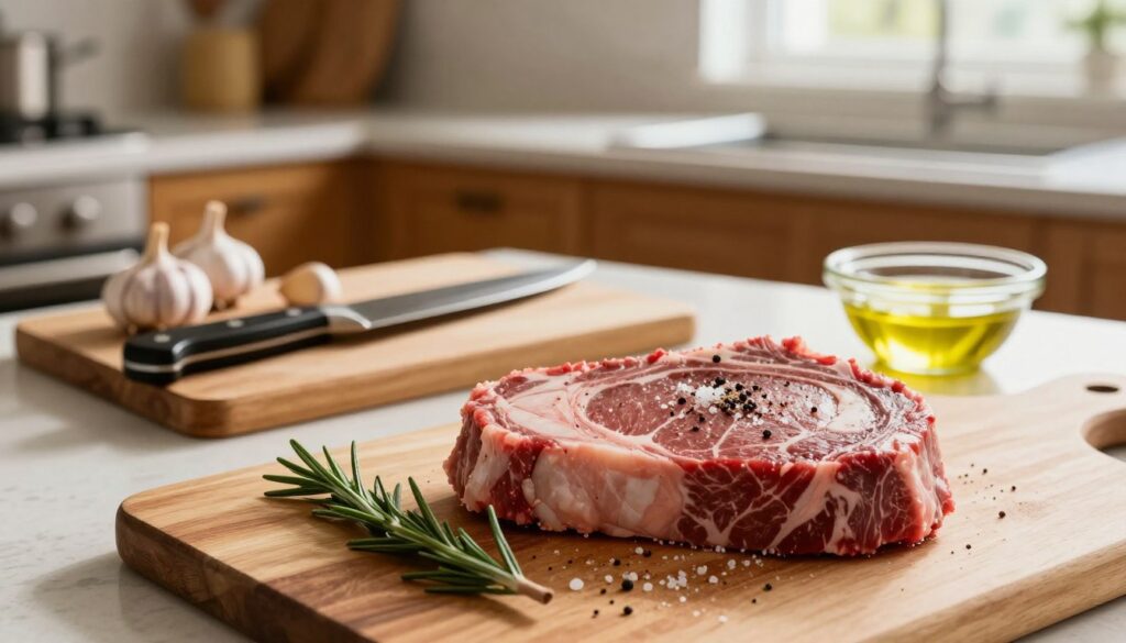 A beautifully arranged kitchen countertop showcasing a well-marbled beef ribeye steak prepared for cooking. In the foreground, focus on the steak, seasoned with coarse salt and freshly cracked black pepper, with a sprig of rosemary nearby. The middle ground includes a cutting board with a sharp chef's knife, garlic cloves, and a small bowl of olive oil, creating an inviting scene of preparation. In the background, blurring slightly, is a cozy, warmly-lit kitchen environment with wooden cabinets and soft natural light filtering through a window, enhancing a homey atmosphere. Capture the image from a slightly elevated angle, conveying a sense of warmth and readiness for cooking, inviting the viewer into the process of steak preparation. A beautifully arranged kitchen countertop showcasing a well-marbled beef ribeye steak prepared for cooking. In the foreground, focus on the steak, seasoned with coarse salt and freshly cracked black pepper, with a sprig of rosemary nearby. The middle ground includes a cutting board with a sharp chef's knife, garlic cloves, and a small bowl of olive oil, creating an inviting scene of preparation. In the background, blurring slightly, is a cozy, warmly-lit kitchen environment with wooden cabinets and soft natural light filtering through a window, enhancing a homey atmosphere. Capture the image from a slightly elevated angle, conveying a sense of warmth and readiness for cooking, inviting the viewer into the process of steak preparation.