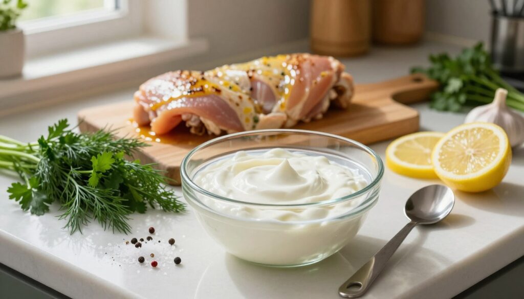 A beautifully arranged kitchen countertop showcasing the process of making yogurt marinade for chicken. In the foreground, a glass bowl filled with creamy, thick yogurt, surrounded by fresh herbs like dill and parsley, lemon slices, and spices such as garlic, salt, and pepper. A whisk and a measuring spoon are artistically placed nearby. The middle ground features a cutting board with marinated chicken ready for grilling, glistening with the marinade. The background should include blurred kitchen utensils, herbs, and a cohesive warm atmosphere, softly illuminated by the natural sunlight filtering through a window. The focus should evoke a sense of freshness and culinary creativity, inviting the viewer to explore this delicate yet flavorful marinade technique.
