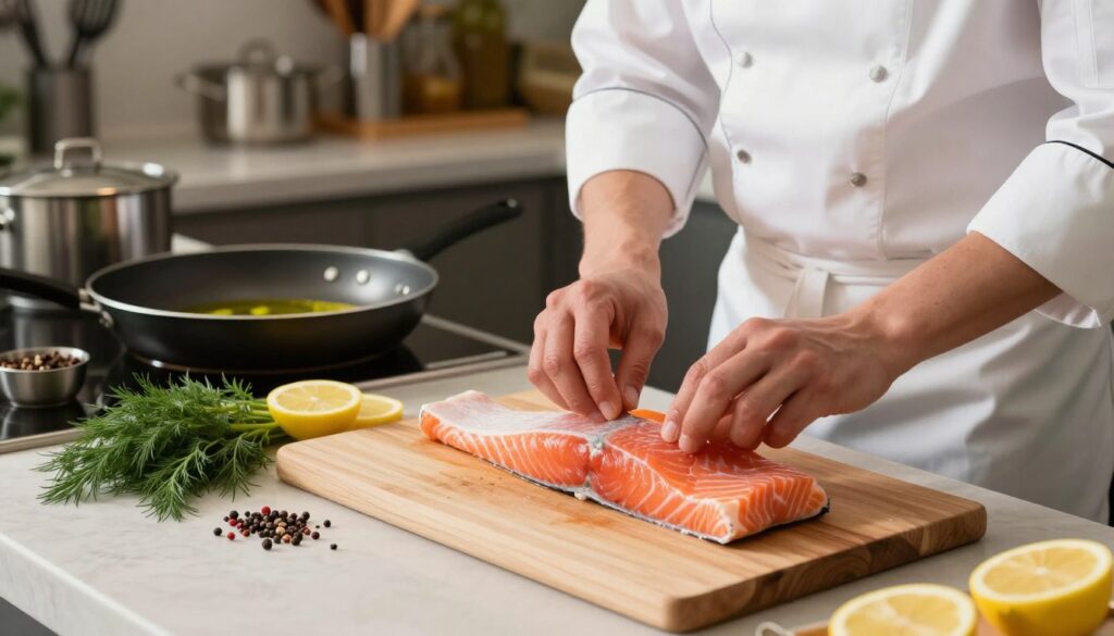 A beautifully arranged kitchen countertop with fresh salmon fillets being prepared for cooking. In the foreground, a skilled chef in a white apron and a neat chef's hat delicately removes the skin from the salmon fillet, showcasing the vibrant pink flesh. Nearby, a cutting board holds fresh herbs and spices, including dill and lemon slices, adding pops of color. In the middle ground, a well-lit frying pan is visible, hinting at the cooking process, glowing with some olive oil. The background reveals a tidy kitchen with utensils and pots, all set in warm, inviting lighting. The scene conveys a professional atmosphere, focusing on the art of preparing fish, evoking a sense of culinary mastery and freshness.