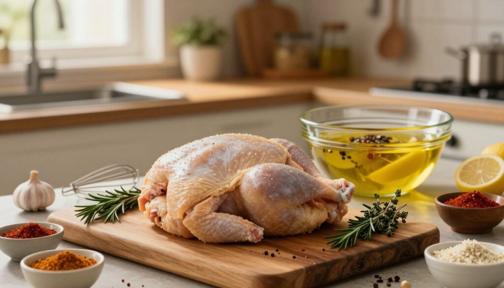 A beautifully arranged kitchen scene capturing the preparation of chicken for marinating. In the foreground, a raw chicken, carefully trimmed and cleaned, sits atop a rustic wooden cutting board, surrounded by fresh herbs like rosemary and thyme, along with bowls of spices such as paprika and garlic powder. The middle ground features a shiny glass bowl filled with a vibrant marinade made from olive oil, lemon juice, and spices, while a whisk lies nearby. In the background, warm ambient lighting filters through a window, illuminating the kitchen counters and hanging utensils, creating a cozy, inviting atmosphere. The focus is sharp on the chicken and marinade, with blurred kitchen details enhancing depth. The mood is warm and homey, perfect for a culinary article. A beautifully arranged kitchen scene capturing the preparation of chicken for marinating. In the foreground, a raw chicken, carefully trimmed and cleaned, sits atop a rustic wooden cutting board, surrounded by fresh herbs like rosemary and thyme, along with bowls of spices such as paprika and garlic powder. The middle ground features a shiny glass bowl filled with a vibrant marinade made from olive oil, lemon juice, and spices, while a whisk lies nearby. In the background, warm ambient lighting filters through a window, illuminating the kitchen counters and hanging utensils, creating a cozy, inviting atmosphere. The focus is sharp on the chicken and marinade, with blurred kitchen details enhancing depth. The mood is warm and homey, perfect for a culinary article.