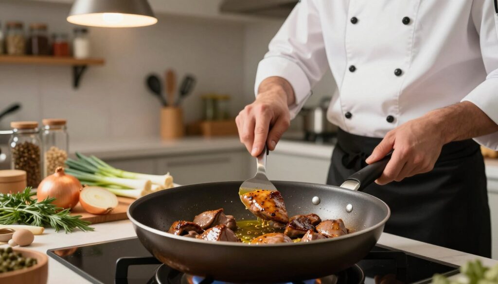 A beautifully arranged kitchen scene featuring a skilled cook frying chicken liver in a large, sizzling pan. In the foreground, the pan shows perfectly golden-brown liver pieces, glistening with a hint of olive oil. The cook, dressed in a neat white chef's jacket and black apron, expertly flips the liver with a spatula, focusing intently on the cooking process. In the middle ground, prepped ingredients like onions and herbs are visible, adding color and texture, while soft, warm lighting from overhead pendant lights creates an inviting atmosphere. In the background, shelves lined with spices and cooking utensils complete the cozy kitchen vibe. The image conveys a sense of warmth and expertise, focused on achieving tender, juicy chicken liver.
