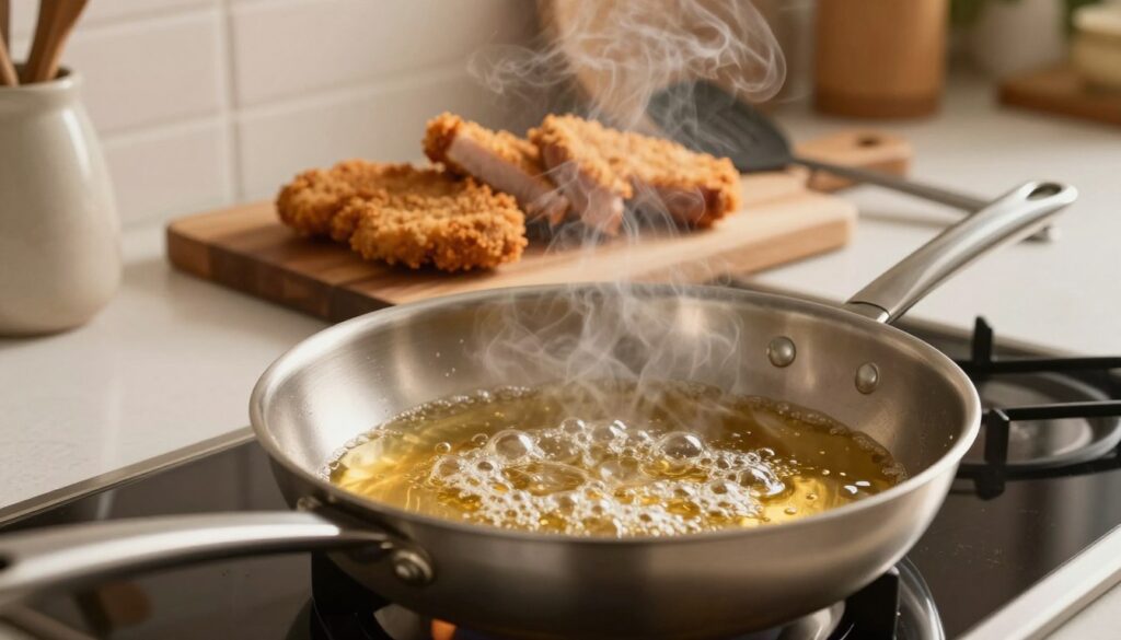 A beautifully arranged kitchen scene focused on a frying pan filled with bubbling oil, the heat visibly radiating from it. In the foreground, a shiny stainless steel frying pan casts reflections of the warm, golden oil inside, with steam rising, indicating it’s perfectly heated for frying. In the middle ground, a wooden cutting board displays neatly breaded pork chops ready to be placed in the pan. Surrounding the scene, kitchen utensils such as a spatula and a pair of tongs rest casually, adding to the preparation vibe. The background features soft-focus kitchen decor, with warm lighting illuminating the scene, creating a cozy and inviting atmosphere, as if emphasizing the anticipation of creating delicious, crispy cutlets. The angle is slightly above the counter, providing a clear view of the frying action. A beautifully arranged kitchen scene focused on a frying pan filled with bubbling oil, the heat visibly radiating from it. In the foreground, a shiny stainless steel frying pan casts reflections of the warm, golden oil inside, with steam rising, indicating it’s perfectly heated for frying. In the middle ground, a wooden cutting board displays neatly breaded pork chops ready to be placed in the pan. Surrounding the scene, kitchen utensils such as a spatula and a pair of tongs rest casually, adding to the preparation vibe. The background features soft-focus kitchen decor, with warm lighting illuminating the scene, creating a cozy and inviting atmosphere, as if emphasizing the anticipation of creating delicious, crispy cutlets. The angle is slightly above the counter, providing a clear view of the frying action.