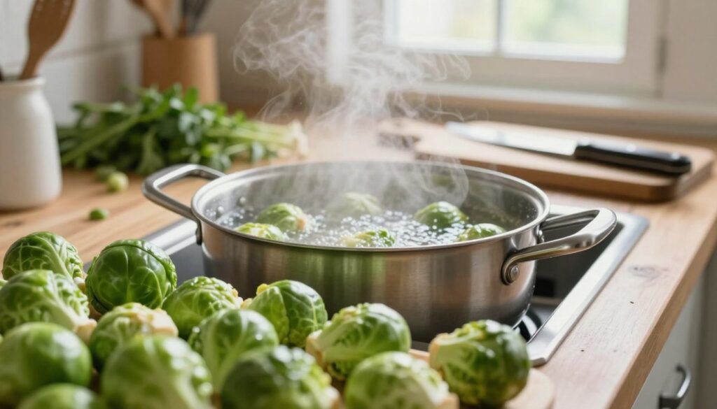A beautifully arranged kitchen scene focused on preparing Brussels sprouts al dente. In the foreground, a close-up of fresh green Brussels sprouts, their vibrant color gleaming under soft, diffused light from a nearby window. A pot of boiling water sits in the middle, steam rising gently, indicating the cooking process. The background features a rustic wooden countertop adorned with cooking utensils, a chopping board with a knife, and scattered herbs, enhancing the homely atmosphere. The overall mood is warm and inviting, capturing the essence of a home-cooked meal. Shot with a shallow depth of field to emphasize the sprouts, creating a sense of freshness and delicious anticipation. No text or markings in the image.
