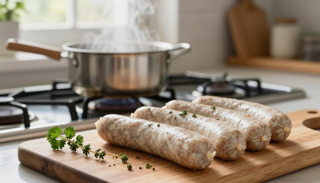 A beautifully arranged kitchen setting where raw white sausage is being prepared for cooking. In the foreground, a close-up view of the sausages resting on a wooden cutting board, sprinkled with fresh herbs like thyme and parsley. The middle layer features a pot of water simmering on the stove, with gentle steam rising, hinting at the cooking process. In the background, a bright window lets in natural light, illuminating the kitchen's warm tones and creating an inviting atmosphere. The composition suggests a sense of warmth and home cooking, perfect for an article about achieving the ideal tenderness of white sausage. The lighting is soft and natural, capturing the essence of a cozy cooking experience. A beautifully arranged kitchen setting where raw white sausage is being prepared for cooking. In the foreground, a close-up view of the sausages resting on a wooden cutting board, sprinkled with fresh herbs like thyme and parsley. The middle layer features a pot of water simmering on the stove, with gentle steam rising, hinting at the cooking process. In the background, a bright window lets in natural light, illuminating the kitchen's warm tones and creating an inviting atmosphere. The composition suggests a sense of warmth and home cooking, perfect for an article about achieving the ideal tenderness of white sausage. The lighting is soft and natural, capturing the essence of a cozy cooking experience.