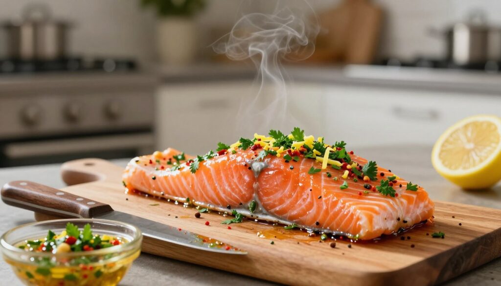 A beautifully arranged piece of marinated salmon lies on a wooden cutting board, glistening with fragrant herbs and spices. The salmon is topped with vibrant colors, showcasing a blend of green parsley, paprika, and lemon zest, reflecting an inviting preparation for cooking. In the foreground, a rustic knife and a small bowl of additional marinade sit ready. The middle ground features a blurred background of a modern kitchen with soft, warm lighting highlighting the textures of the fish and marinade. A gentle steam rises, suggesting readiness for grilling or frying, while the atmosphere conveys a cozy, culinary ambiance, igniting a sense of appetizing anticipation.