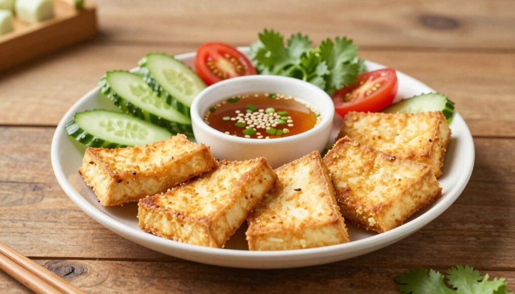 A beautifully arranged plate featuring crispy tofu served with a vibrant assortment of garnishes. In the foreground, the tofu is golden-brown and perfectly crispy, surrounded by thinly sliced cucumbers, cherry tomatoes, and sprigs of fresh cilantro. In the middle, there’s a small bowl of tangy dipping sauce, garnished with sesame seeds and green onions. The background features a simple, rustic wooden table setting that adds warmth, enhanced by soft, natural lighting coming from the left, casting gentle shadows. The atmosphere is inviting and appetizing, ideal for showcasing a delicious vegetarian dish. The composition focuses on the texture and appeal of the food, without any distractions or overlay text. A beautifully arranged plate featuring crispy tofu served with a vibrant assortment of garnishes. In the foreground, the tofu is golden-brown and perfectly crispy, surrounded by thinly sliced cucumbers, cherry tomatoes, and sprigs of fresh cilantro. In the middle, there’s a small bowl of tangy dipping sauce, garnished with sesame seeds and green onions. The background features a simple, rustic wooden table setting that adds warmth, enhanced by soft, natural lighting coming from the left, casting gentle shadows. The atmosphere is inviting and appetizing, ideal for showcasing a delicious vegetarian dish. The composition focuses on the texture and appeal of the food, without any distractions or overlay text.