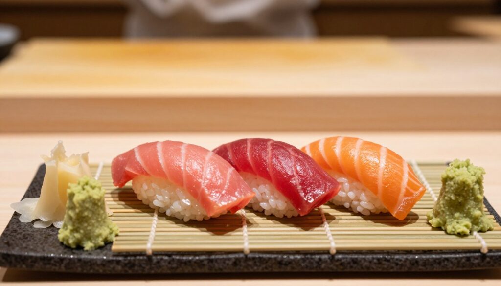 A beautifully arranged plate of sushi featuring raw fish, expertly crafted with precision. In the foreground, vibrant nigiri sushi topped with glistening slices of fresh tuna and salmon, showcasing their rich colors. Accompanying the sushi, delicate garnishes of wasabi and sliced ginger provide contrast. In the middle ground, a bamboo mat supports the sushi, enhancing the traditional Japanese presentation. The background features a softly blurred sushi bar setting, with subtle wooden textures and warm ambient lighting, creating an inviting atmosphere. The focus should be sharp on the sushi, with a shallow depth of field to emphasize its freshness and quality. The overall mood is serene, illustrating the care and artistry involved in sushi preparation, ideal for discussions on food preservation and freshness. A beautifully arranged plate of sushi featuring raw fish, expertly crafted with precision. In the foreground, vibrant nigiri sushi topped with glistening slices of fresh tuna and salmon, showcasing their rich colors. Accompanying the sushi, delicate garnishes of wasabi and sliced ginger provide contrast. In the middle ground, a bamboo mat supports the sushi, enhancing the traditional Japanese presentation. The background features a softly blurred sushi bar setting, with subtle wooden textures and warm ambient lighting, creating an inviting atmosphere. The focus should be sharp on the sushi, with a shallow depth of field to emphasize its freshness and quality. The overall mood is serene, illustrating the care and artistry involved in sushi preparation, ideal for discussions on food preservation and freshness.