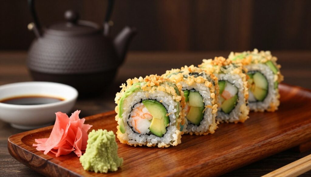 A beautifully arranged plate of tempura sushi rolls, showcasing a variety of colorful ingredients such as shrimp, avocado, and cucumber, all encased in a light, crispy tempura batter. The sushi rolls are delicately placed on a vibrant, dark wooden platter, garnished with wasabi and pickled ginger. In the foreground, capture a close-up view of one sushi roll, highlighting its golden-brown tempura crust and enticing fillings. The middle ground features a softly blurred teapot and a small dish for soy sauce, evoking a serene dining atmosphere. A warm, soft lighting enhances the colors of the sushi, creating an inviting ambiance. The background is subtly dark to emphasize the sushi, with soft bokeh effects to keep the focus on the delicious food. The overall mood is elegant and appetizing, perfect for showcasing the calorie-rich appeal of tempura sushi.
