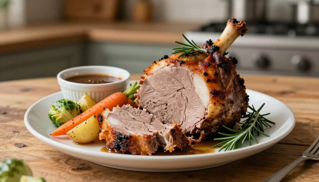 A beautifully arranged plate showcasing a roasted pork shoulder, garnished with fresh herbs and colorful accompaniments. In the foreground, the succulent pork shoulder is golden-brown with crispy skin, sliced to reveal juicy meat. Surrounding it are vibrant sides: a medley of roasted vegetables such as carrots, potatoes, and Brussels sprouts, adding a touch of color and texture. A small bowl of rich gravy and sprigs of rosemary completes the presentation. The scene is set on a rustic wooden table, lightly lit by soft, warm overhead lighting, creating an inviting and homely atmosphere. The background features blurred kitchen elements, enhancing the focus on the dish, captured with a shallow depth of field for a professional, culinary look.