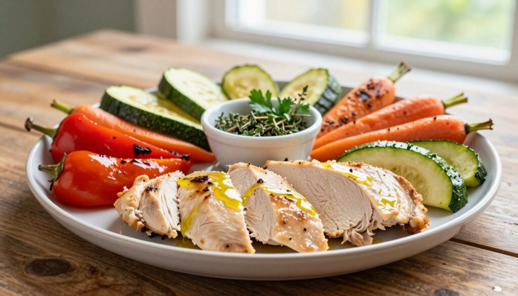 A beautifully arranged platter of delicately cooked chicken surrounded by an assortment of fresh, vibrant garnishes and side dishes. In the foreground, showcase slices of tender, juicy chicken breast, glistening with a light sheen of olive oil. Surround the chicken with colorful roasted vegetables, like bell peppers, carrots, and zucchini, artfully arranged for visual appeal. In the middle, include a small bowl of herbs and spices, such as parsley and thyme, adding a pop of green. The background features a rustic wooden table, softly lit by natural light coming from a nearby window, creating a warm and inviting atmosphere. Capture the scene from a slightly elevated angle to emphasize the textures and colors of the food, evoking a sense of comfort and homeliness.